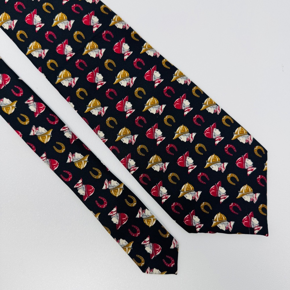 Coach Mens Silk Tie‎ Black Equestrian Jockey Horse Shoe Pattern Made in USA